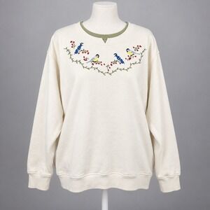 Speculation Embroidered Bird Sweatshirt 1X Cream Bluejay Chickadee Thanksgiving